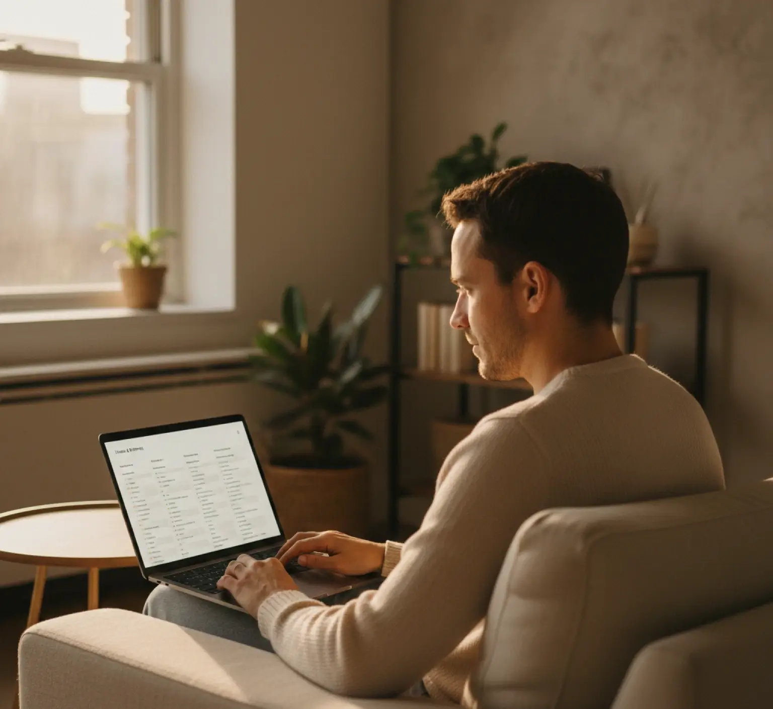 man working on a laptop from his living room