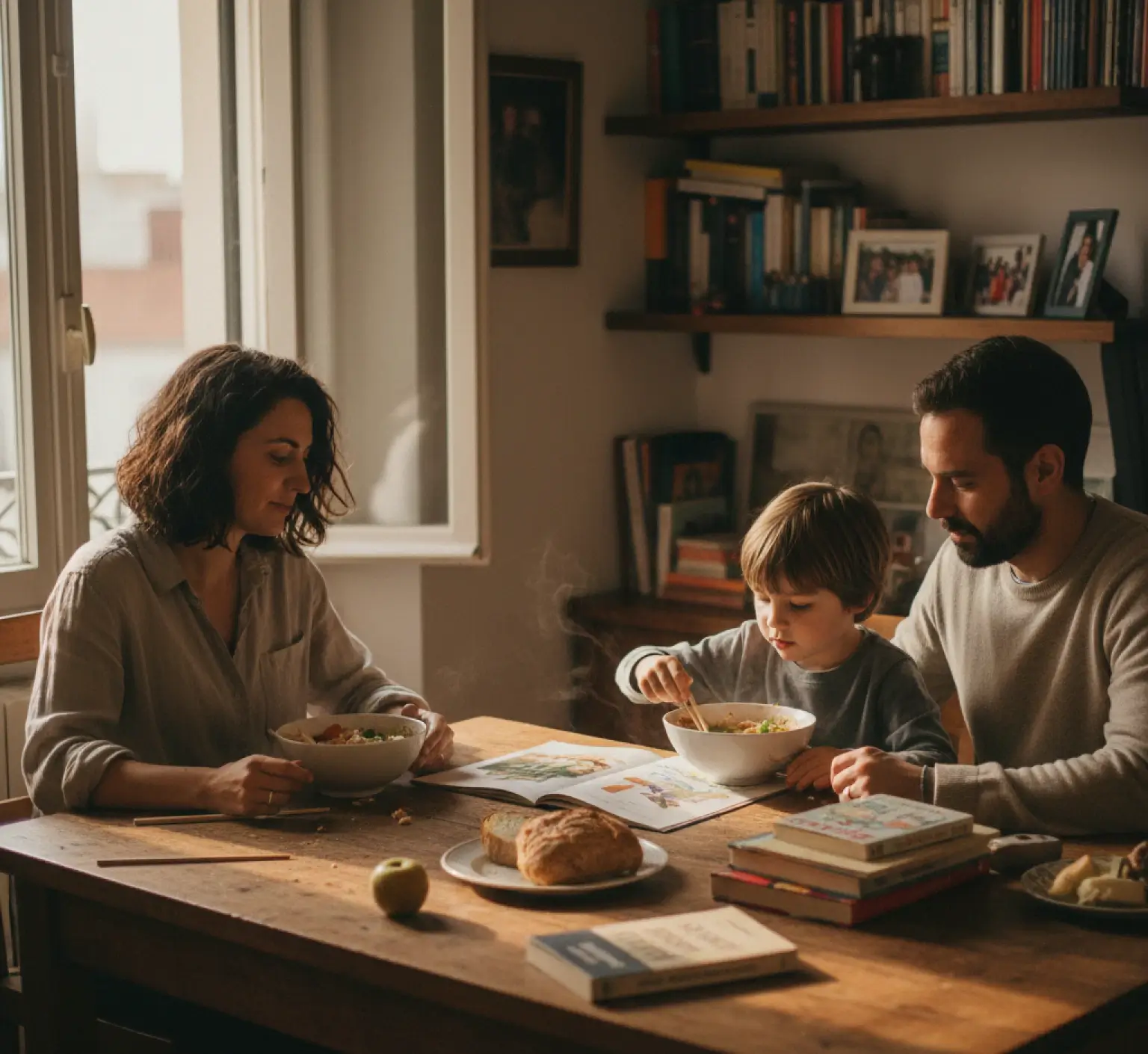 Family at a dining table in the morning