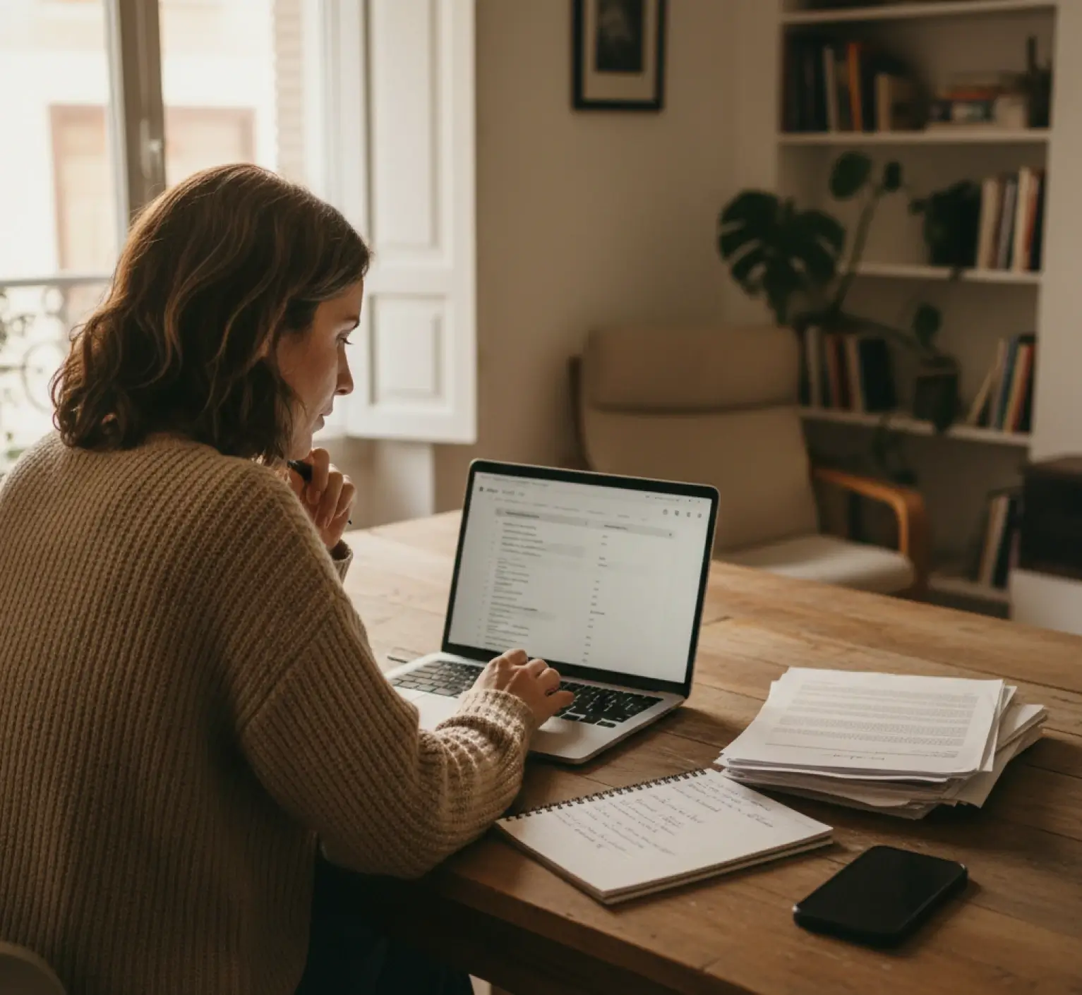Mujer planeando en su escritorio con su ordenador y papeles